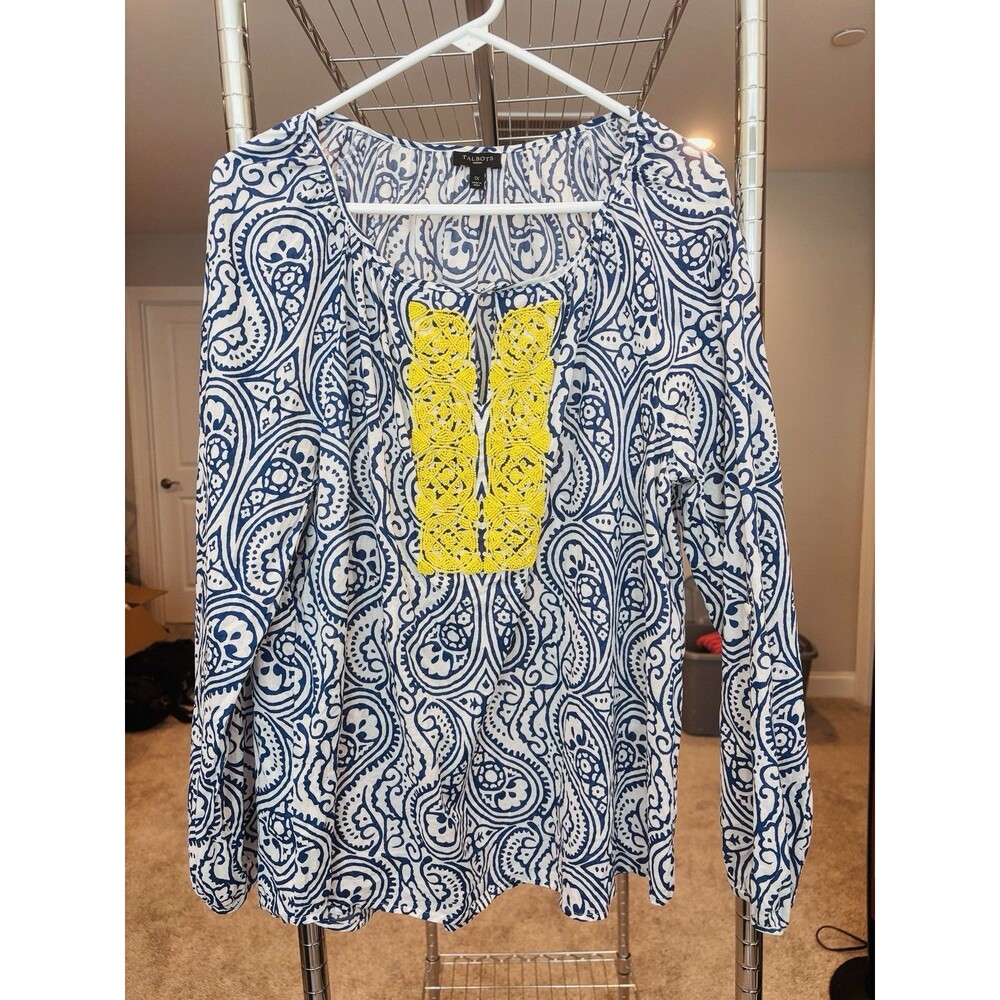 Talbots Blue And White Yellow Beaded Cotton Roll Tab Shirt Top Womens Plus 1X